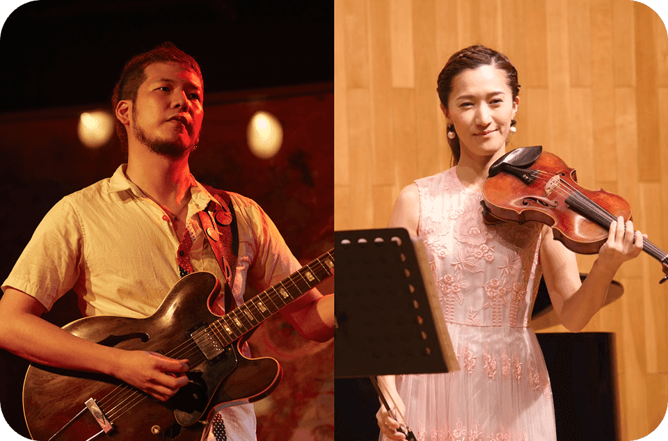 講師がライブや演奏会で楽器を弾いている写真